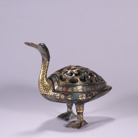 Bronze Gold and Silver Inlaid Carved Crane Shape Incense Burner