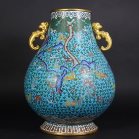 Bronze Cloisonne Carved Pine Tree and Deer Pattern Double Dragon Ears Zun