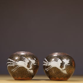 Pair of Black Glazed Gold Drawing Dragon and Phoenix Pattern Porcelain Washer