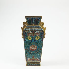 Bronze Cloisonne Carved Flower Pattern Double Dragon Ears Vase