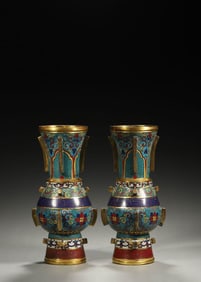 Pair of Bronze Cloisonne Carved Flower Pattern Vase