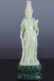 Jade Carved GuanYin Figure and Jasper Jade Base