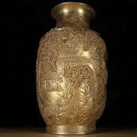 Gold Glazed Carved Landscape and Character Story Pattern Porcelain Vase
