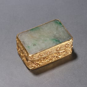 Gilt Silver Inlaid Jadeite Carved Flower and Poetry Pattern Lid Box