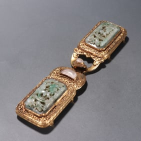 Gilt Silver Inlaid Jadeite Carved Flower and Bird Pattern Belt Hook