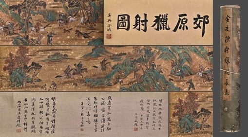 Chinese Drawing Landscape and Character Story Hand Scroll,Jin Tingbiao Mark