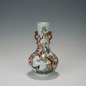 Famille Rose Pomegranate and Bird Pattern Porcelain Double Ears Vase
