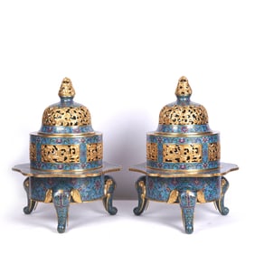 Pair of Bronze Cloisonne Carved Flower and Dragon Pattern Elephant Foots Incense Burner