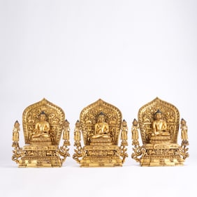 Group of Three Gilt Bronze Mahasthamaprapta and Amitabha & Avalokitesvara Figure