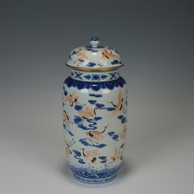 Wucai Cloud and Crane Pattern Porcelain Lid Pot