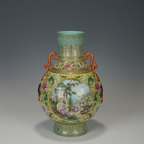 Yellow Base Famille Rose Character Story Pattern Porcelain Vase