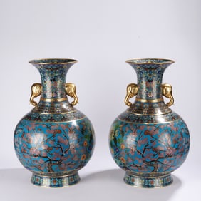 Pair of Bronze Cloisonne Carved Flower Pattern Double Elephant Ears Vase