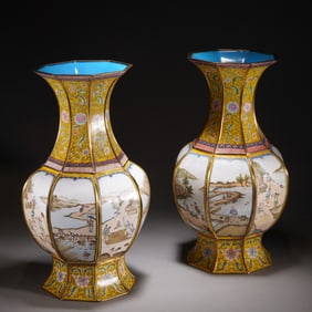 Pair of Bronze Enamel Blue Base Character Story Pattern Vase