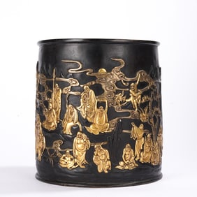 Gilt Bronze Carved Arhat Story Pattern Brush Pot