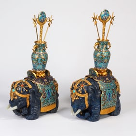 Pair of Bronze Cloisonne Carved Flower Pattern Elephant Shape Flower Pot