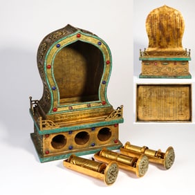 Gilt Bronze Inlaid Jade Carved Eight Treasure Pattern Buddha Niche and Buddhist Sutras