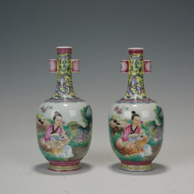 Pair of Famille Rose Character Story Pattern Porcelain Double Ears Vase