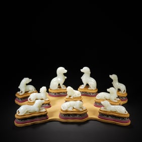 Group of Ten Jade Carved Dog Shape Ornament