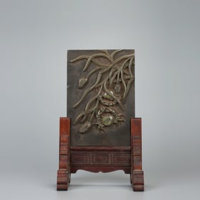 Huanghuali Wood Inlaid Qiyang Stone Carved Crab Pattern Table Plaque