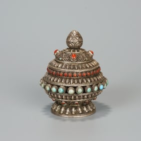 Tibetan Silver Inlaid Agate Carved Flower Pattern Lid Pot
