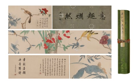 Chinese Drawing Flower and Bird Hand Scroll,Pu Ru Mark