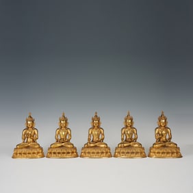 Group of Five Gilt Bronze GuanYin Figure