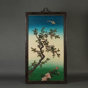 Red Sandalwood Inlaid Multi GemStone Carved Flower and Bird Pattern Wall Panel
