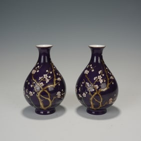 Pair of Bright Blue Glazed Plum Flower Pattern Porcelain Vase