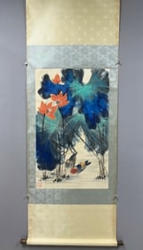 Chinese Drawing Lotus Flower and Quail Painting,Zhang Daqian Mark