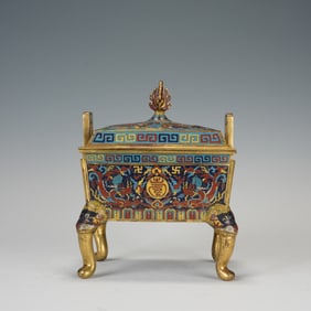 Bronze Cloisonne Carved Flower and Dragon Pattern Double Ears Incense Burner