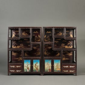 Pair of Red Sandalwood Multi GemStone Inlaid Gold Drawing Landscape and Flower Pattern Cabinet