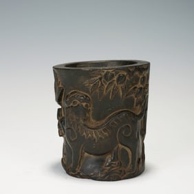 Red Sandalwood Carved Beast Pattern Brush Pot