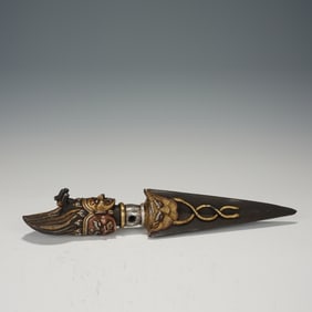 Iron Gold and Silver Inlaid Carved Vajra Ornament