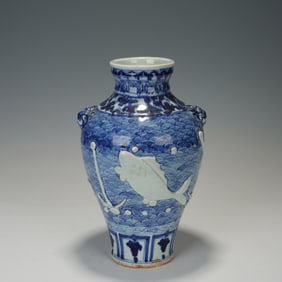 Blue and White Fish Pattern Porcelain Zun