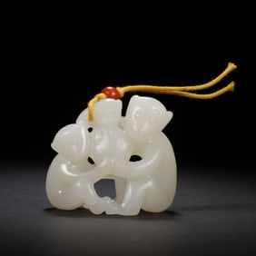 Jade Carved Monkey and Peach Shape Ornament