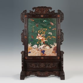 Red Sandalwood Inlaid Multi GemStone Carved Character and Dragon Pattern Table Plaque