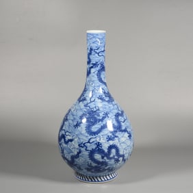 Blue and White Dragon and Sea Wave Pattern Porcelain Vase