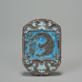 Bronze Inlaid Blue Enameled Carved Fish and Dragon Pattern Pendant