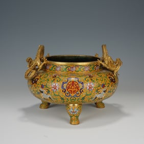 Bronze Cloisonne Carved Flower Pattern Double Dragon Ears Incense Burner
