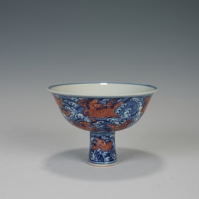 Blue and White Red Inglazed Beast Pattern Porcelain High Foots Cup