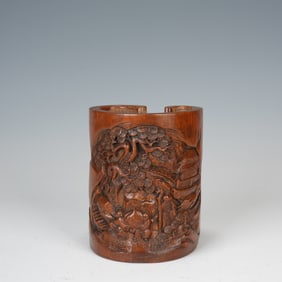 Bamboo Carved Pine Tree and Character Pattern Brush Pot