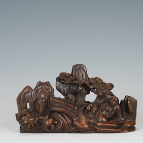 Agarwood Carved Pine Tree and Character Ornament