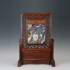 Huanghuali Wood Inlaid Multi GemStone and Jade Carved Elephant and Character Pattern Table Plaque
