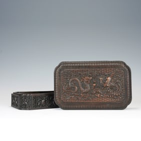 Red Sandalwood Carved Dragon and Phoenix Pattern Lid Box