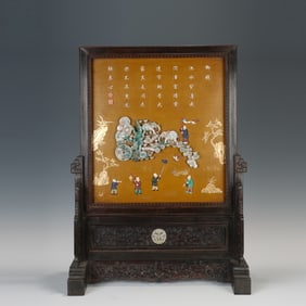 Red Sandalwood Inlaid Multi GemStone Carved Playing Children Pattern Table Plaque