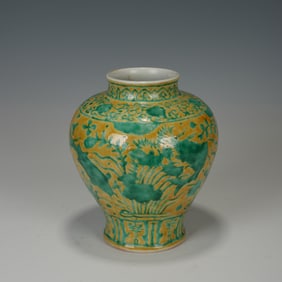 Yellow Base Famille Rose Fish and Lotus Flower Pattern Porcelain Pot