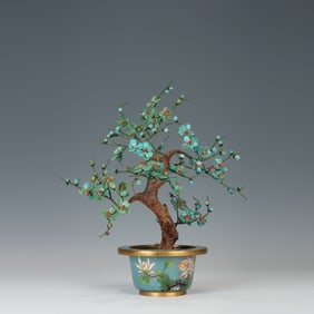 Bronze Cloisonne Inlaid Turquoise Carved Flower Pattern Flower Pot Shape Ornament
