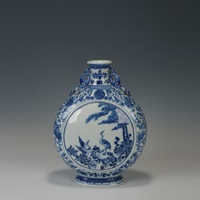Blue and White Pine Tree and Crane Pattern Porcelain Moon Shaped Vase