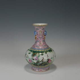Famille Rose Pine Tree and Crane Pattern Porcelain Double Ears Vase