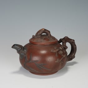 Purple Clay Carved Bamboo and Plum Flower Pattern Teapot